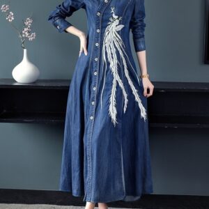 Fashion Long Maxi Style Embroidery Single Breasted Dress