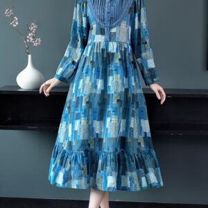Fashion Long Mid-Calf Full Cotton And Linen Plaid Dress