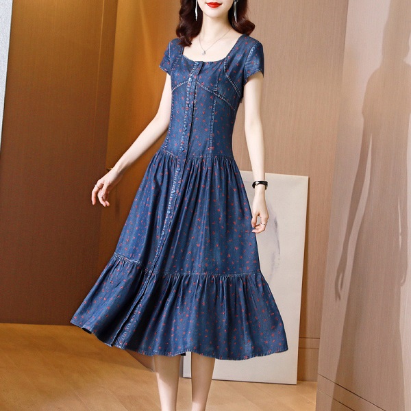 High Waist Print Square Collar Denim Dress - Image 2