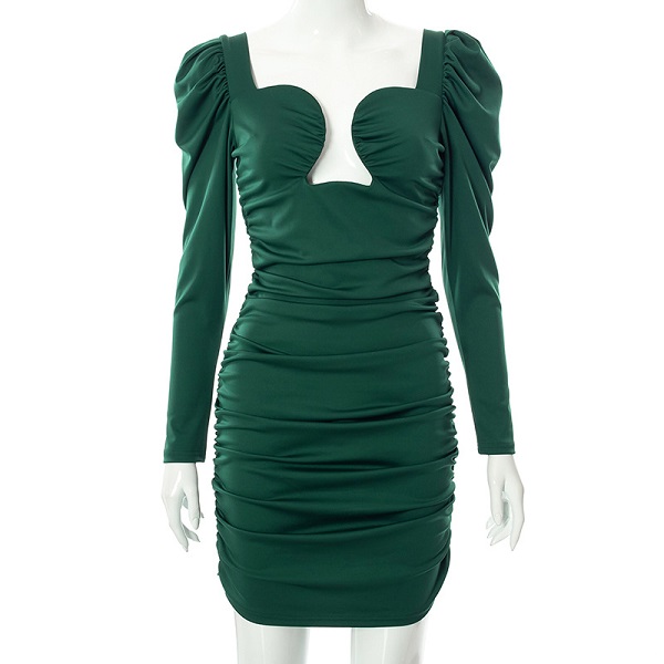 Hollow Creased Long-sleeved Cut Out Square Neck Dress - Image 3