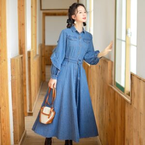 New Long Lantern Sleeve Jeans Dress With Belt Single Breasted