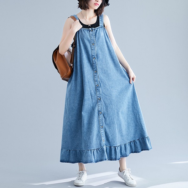 Single breasted spaghetti strap denim clearance dress