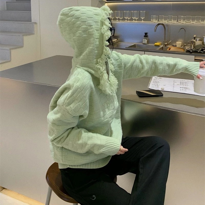 Casual Long Sleeve Acrylic Hooded Collar Loose Sweater - Image 5