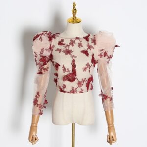 Butterfly O Neck Puff Sleeve Perspective Top