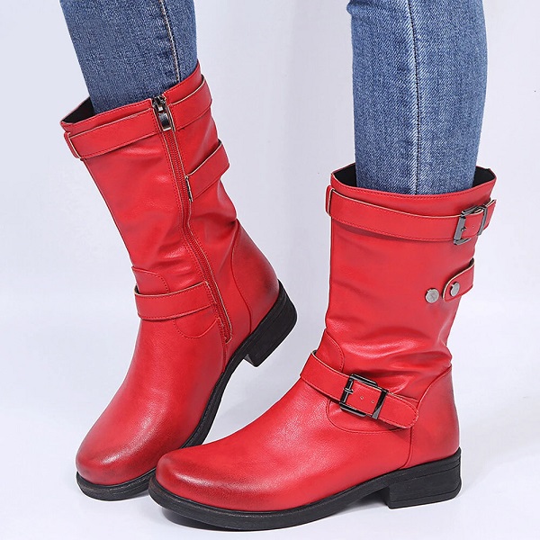 Retro Solid Color Buckle Strap Block Heel Riding Boots – TD Mercado