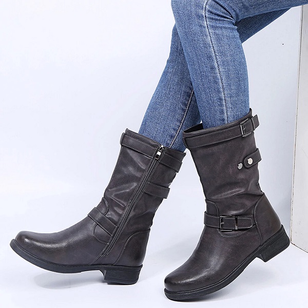 Retro Solid Color Buckle Strap Block Heel Riding Boots - Image 4