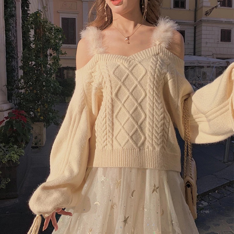 Sexy Off Shoulder Lantern Sleeve Sweater - Image 2