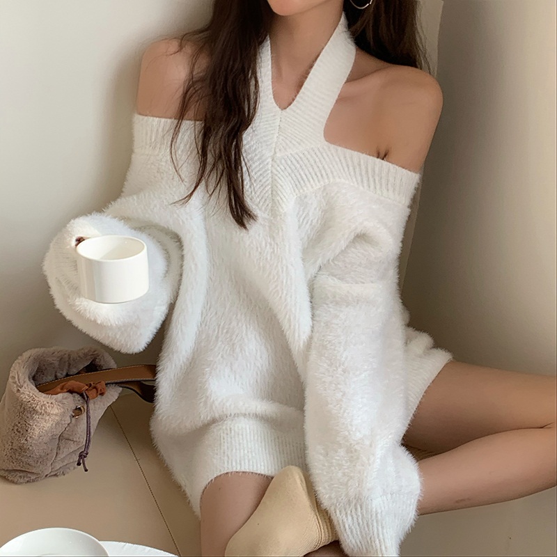 Sexy Strapless V-neck Hollow out Long Sleeve Sweater