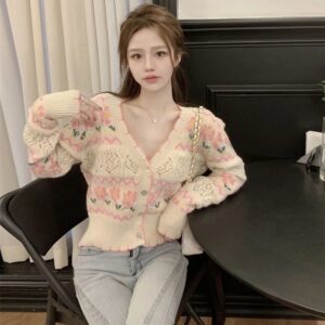 V-Neck Long Sleeve Single Breasted Knitted Sweater