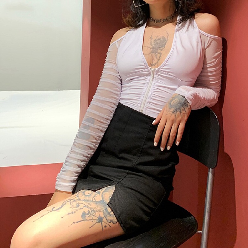 V-neck Mesh See through Off Strapless Sleeve Crop Top