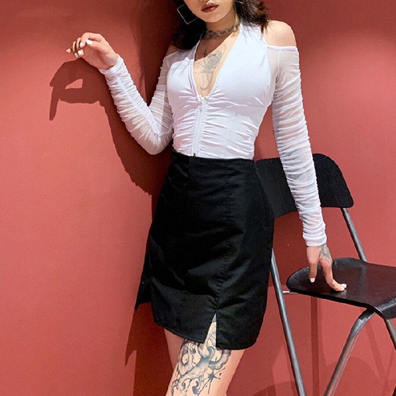 V-neck Mesh See through Off Strapless Sleeve Crop Top - Image 3