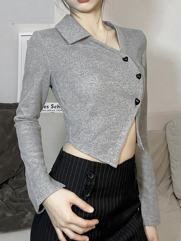 Casual O-Neck Solid Full Sleeve Knitted Crop Top