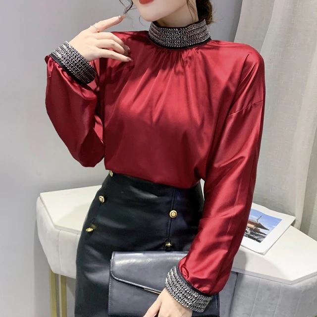 Embroidery Beading Satin Long Sleeve Stand Collar Shirt - Image 2