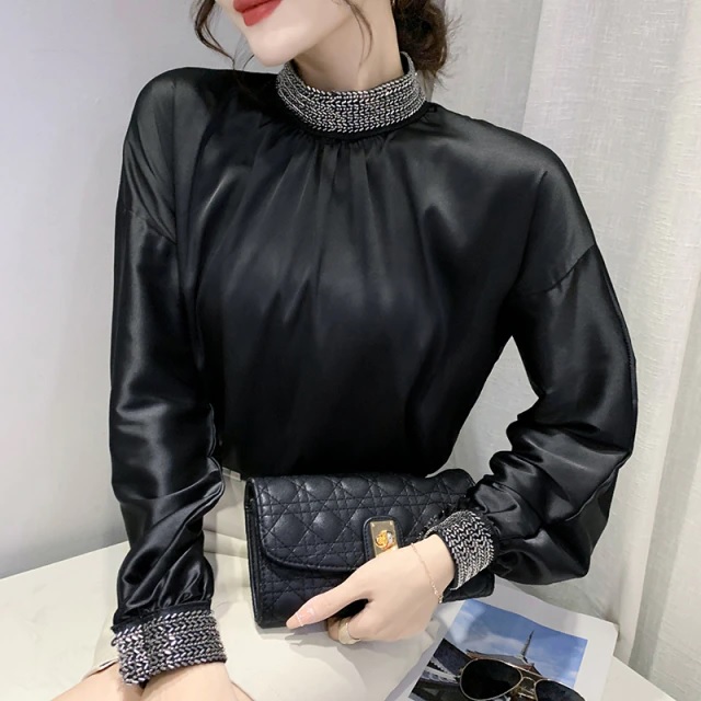 Embroidery Beading Satin Long Sleeve Stand Collar Shirt - Image 3