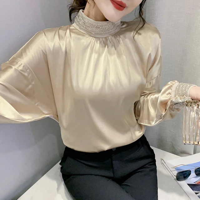 Embroidery Beading Satin Long Sleeve Stand Collar Shirt - Image 4