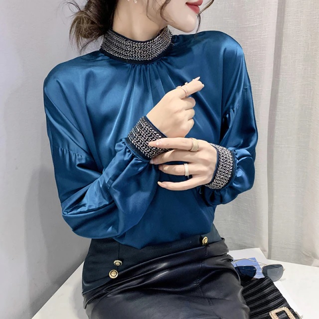 Embroidery Beading Satin Long Sleeve Stand Collar Shirt