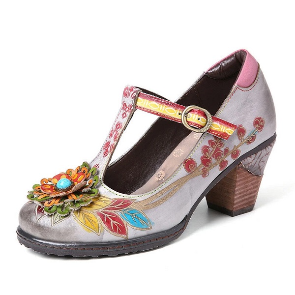 Floral Leather-Wrapped Heel T-Strap Buckle Chunky Heels - Image 2