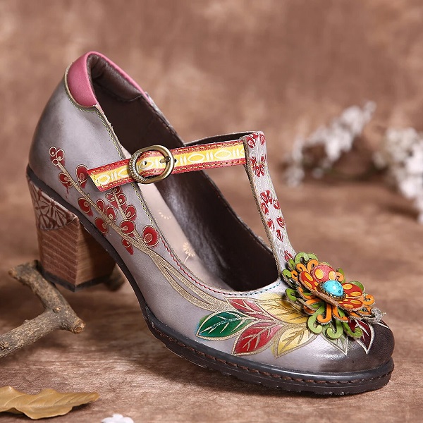 Floral Leather-Wrapped Heel T-Strap Buckle Chunky Heels - Image 3