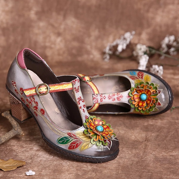 Floral Leather-Wrapped Heel T-Strap Buckle Chunky Heels - Image 4