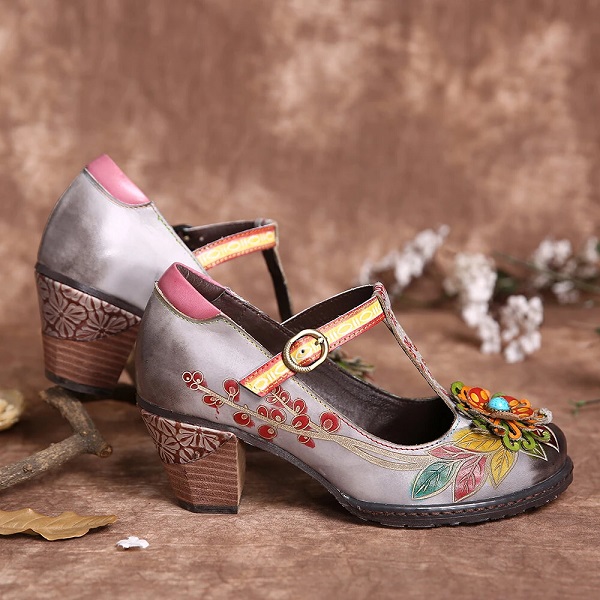 Floral Leather-Wrapped Heel T-Strap Buckle Chunky Heels - Image 5