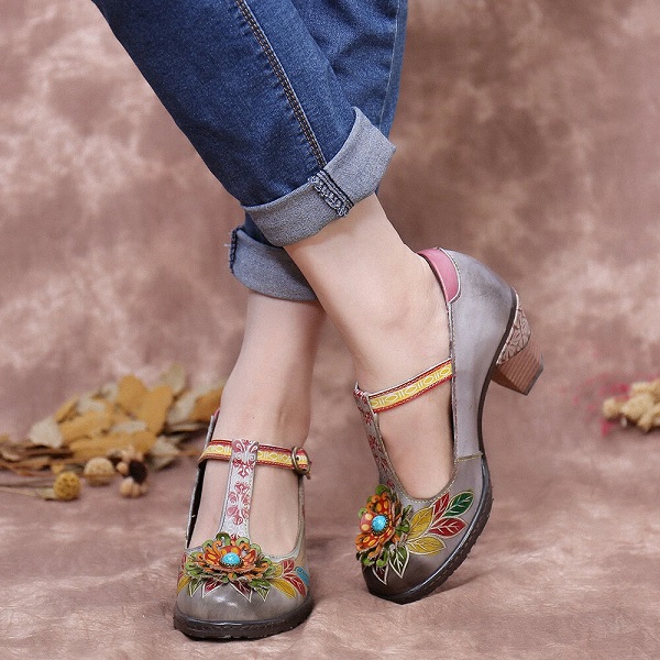 Floral Leather-Wrapped Heel T-Strap Buckle Chunky Heels - Image 6