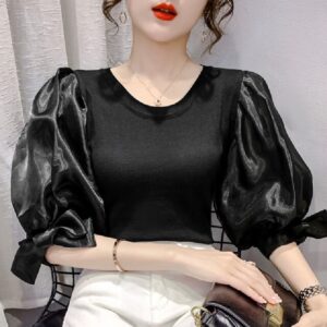 Puff sleeve bow knitting patchwork blouse