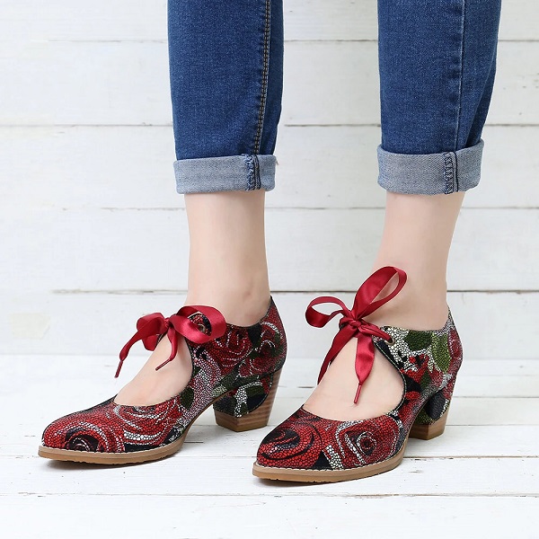 Rose Stitching Lace Up Leather Pumps - Image 2