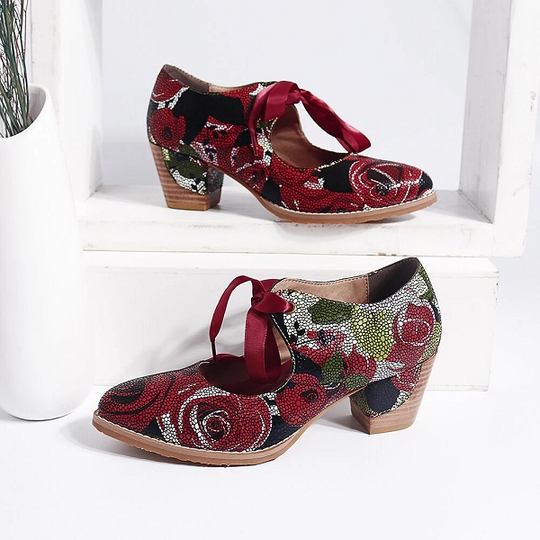 Rose Stitching Lace Up Leather Pumps - Image 4