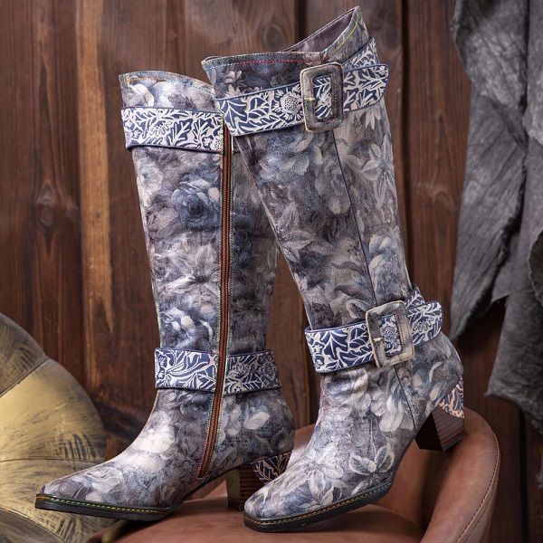 Style Painting Side-zip Chunky Heel High Boots - Image 7