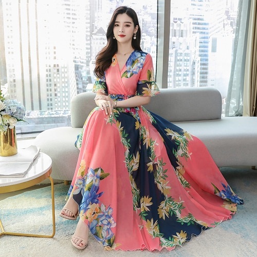 Collar Short Sleeve Flower Printed Chiffon Long Dress - Image 2