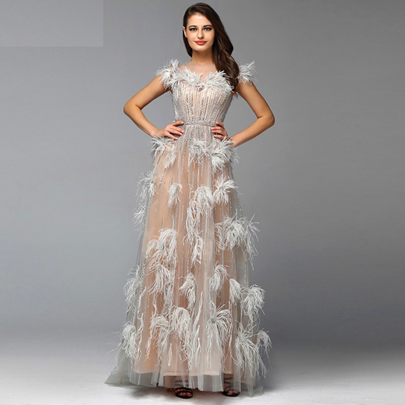 Elegant Feathers Beading A-Line Evening Dresses