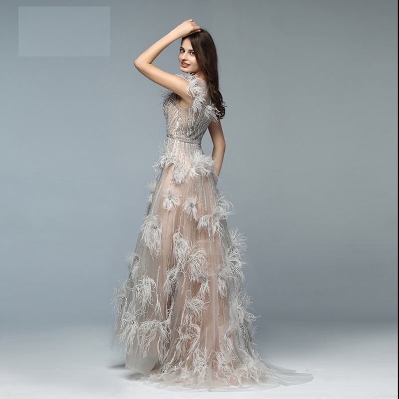 Elegant Feathers Beading A-Line Evening Dresses - Image 3