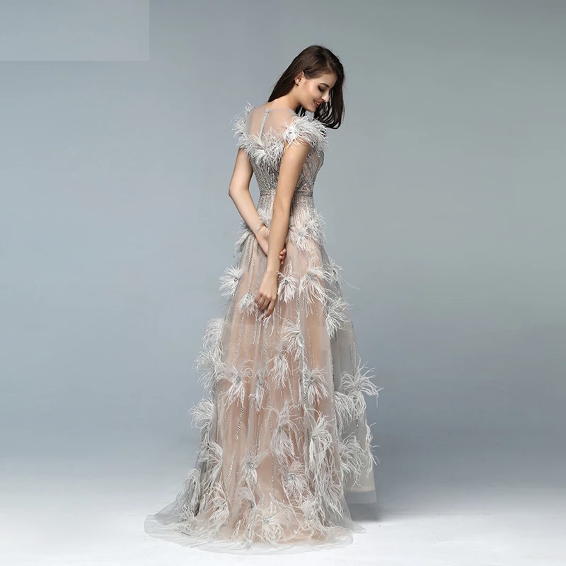 Elegant Feathers Beading A-Line Evening Dresses - Image 4