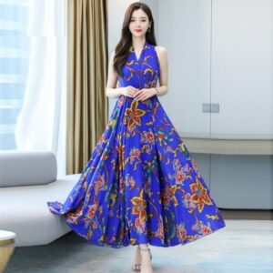 Floral Neck Mounted Casual Chiffon Dress