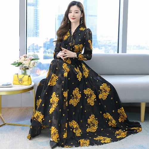 High Quality Plus Flower Long Sleeve Chiffon Long Dress