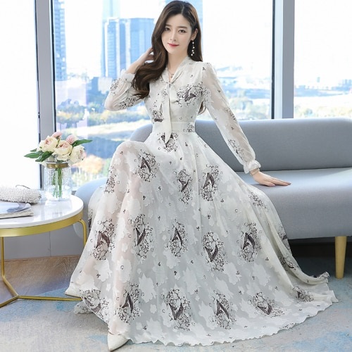 High Quality Plus Flower Long Sleeve Chiffon Long Dress - Image 2