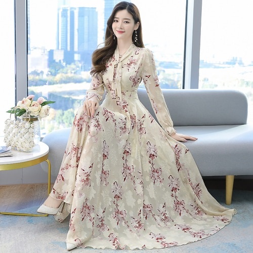 High Quality Plus Flower Long Sleeve Chiffon Long Dress - Image 3