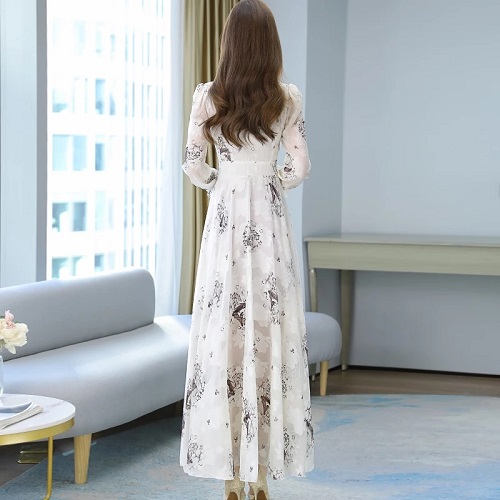 High Quality Plus Flower Long Sleeve Chiffon Long Dress - Image 4