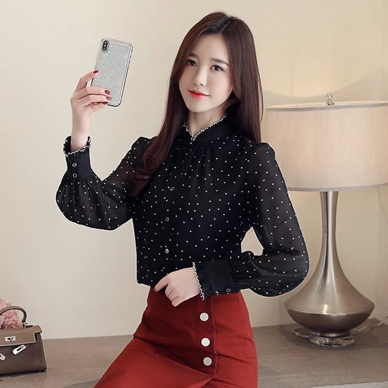 Elegant Polka Dot Blouse for Women 2023 Black White Printed Lace Up Long  Sleeves Top Formal Occasion Ladies Work with Bowtie