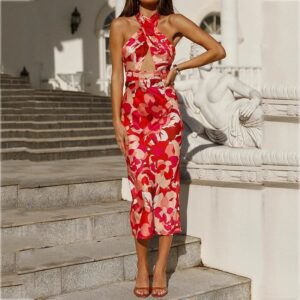 Sexy halter Sleeveless Hollow Out Midi Party Dress