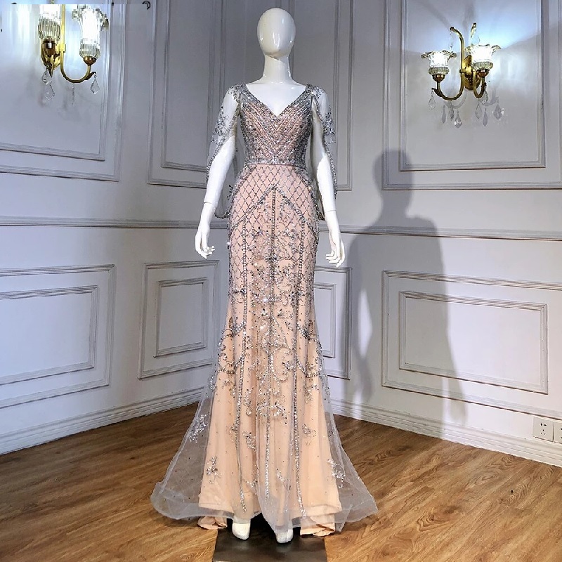 V-Neck Sexy Crystal Shawl Yarn Evening Dresses - Image 4