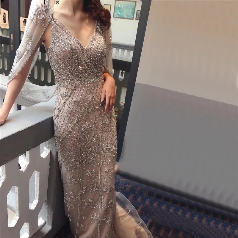 V-Neck Sexy Crystal Shawl Yarn Evening Dresses - Image 7