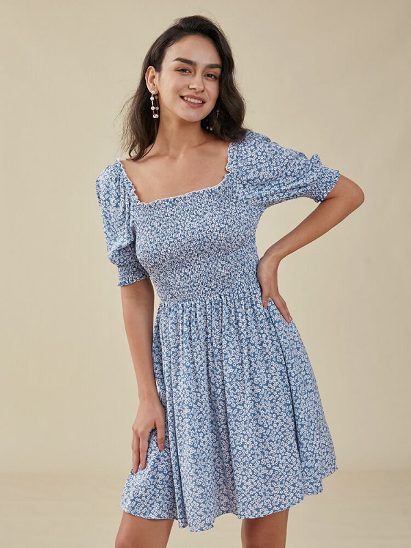 Floral Print Puff Sleeve Shirred Square Collar Dress - TD Mercado