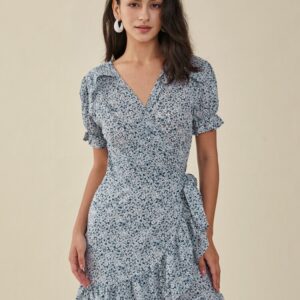 Floral Print Ruffle Knotted Puff Sleeve V-neck Dress
