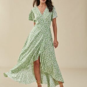 Floral Print Slit Knotted Short Sleeve Big Swing Maxi Dress