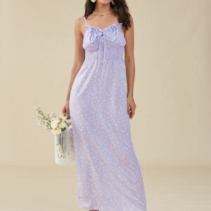 Floral Print Strap Tie Open Back Ruffle Trim Shirred Dress