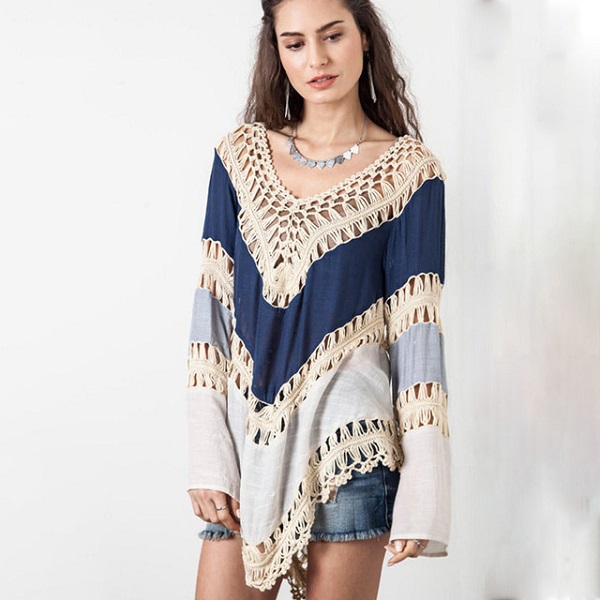 Hollow Out Lace Long Sleeve Swimsuit Cover up - TD Mercado