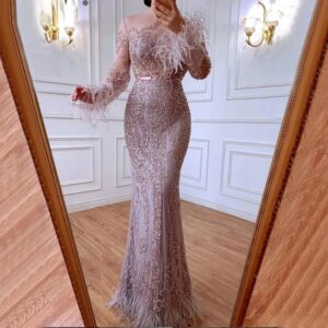 Long Sleeve Feathers beaded Evening Dresses