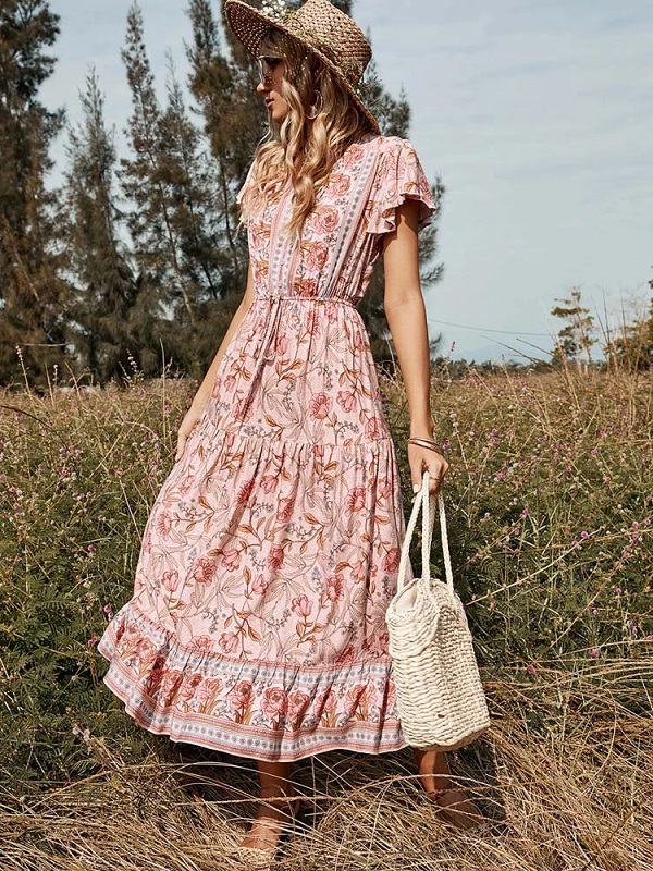 Floral Casual V Neck High Waist Ruffle Print Dress - Image 3