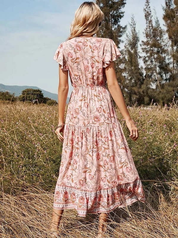 Floral Casual V Neck High Waist Ruffle Print Dress - Image 4